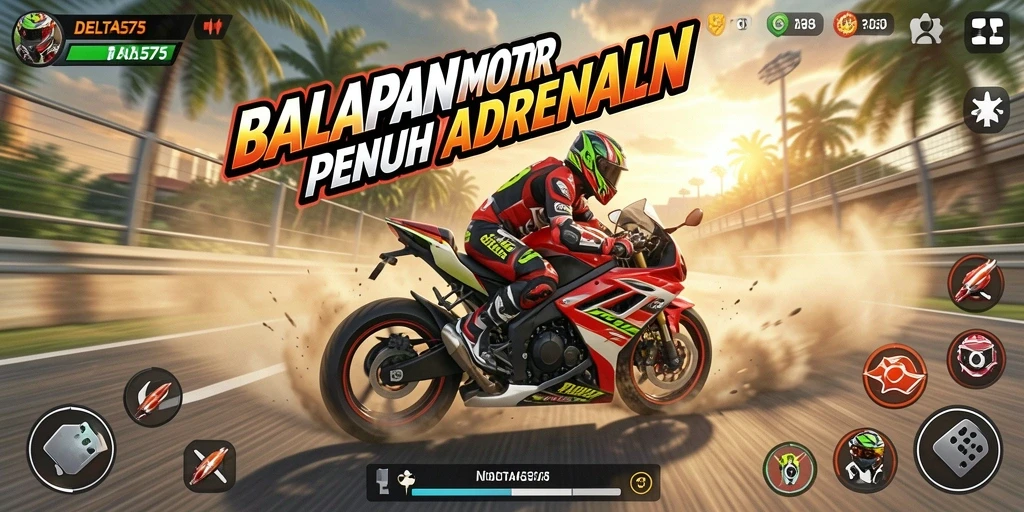 Tangkapan layar menunjukkan aksi balapan mendebarkan di DELTA575.